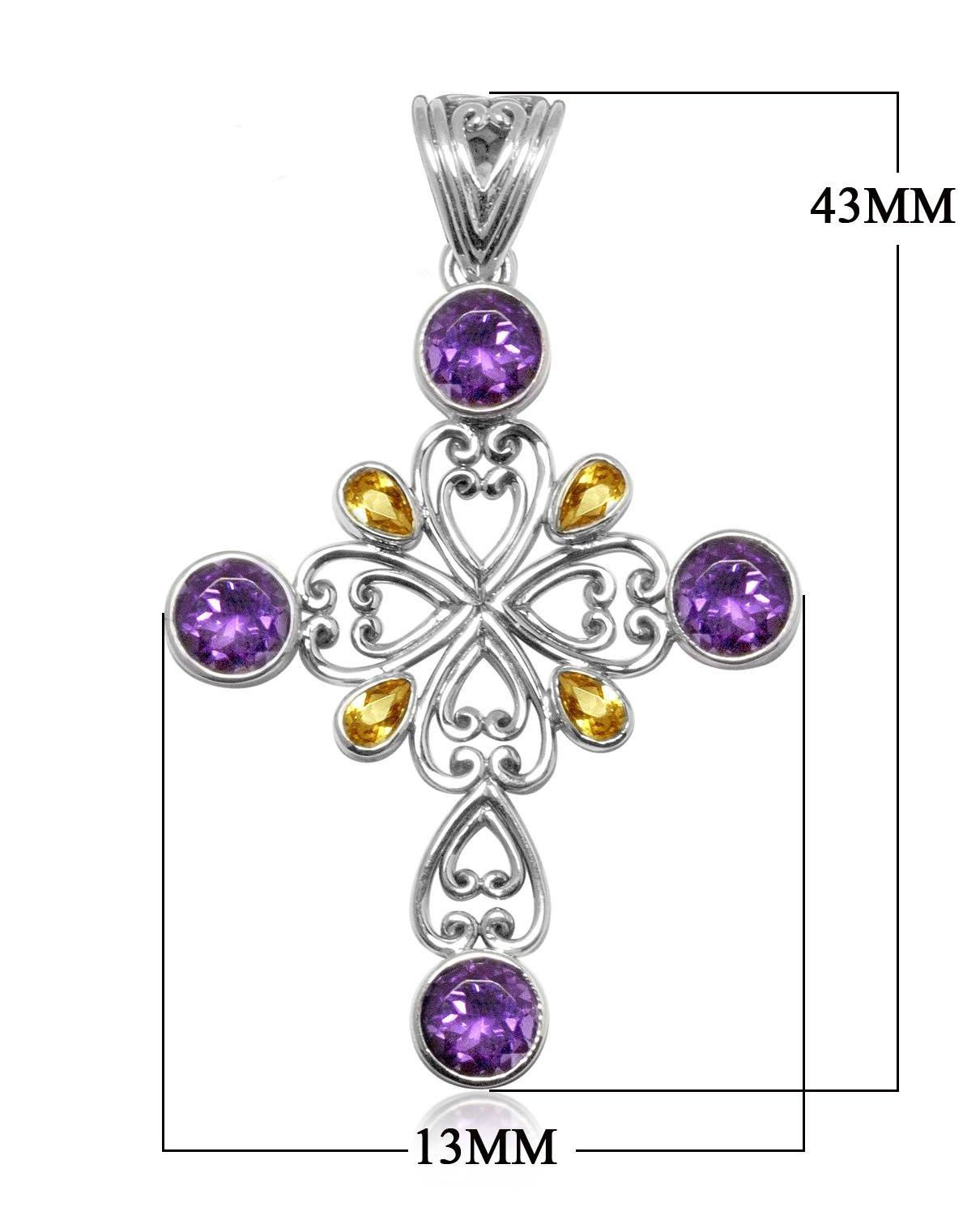 Wholesale sterling silver cross pendant with Amethyst and Citrine gemstones, handcrafted Bali filigree 925 silver jewelry for bulk orders