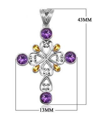 Wholesale sterling silver cross pendant with Amethyst and Citrine gemstones, handcrafted Bali filigree 925 silver jewelry for bulk orders