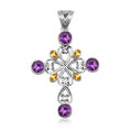 Wholesale sterling silver cross pendant with Amethyst and Citrine gemstones, handcrafted Bali filigree 925 silver jewelry for bulk orders