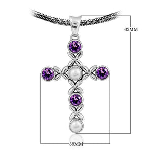 Wholesale sterling silver cross pendant with Amethyst Quartz and Pearl gemstones, handcrafted Bali floral design 925 silver jewelry for bulk orders