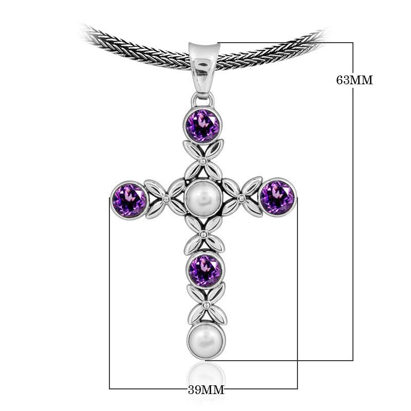 Wholesale sterling silver cross pendant with Amethyst Quartz and Pearl gemstones, handcrafted Bali floral design 925 silver jewelry for bulk orders