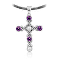 Wholesale sterling silver cross pendant with Amethyst Quartz and Pearl gemstones, handcrafted Bali floral design 925 silver jewelry for bulk orders 