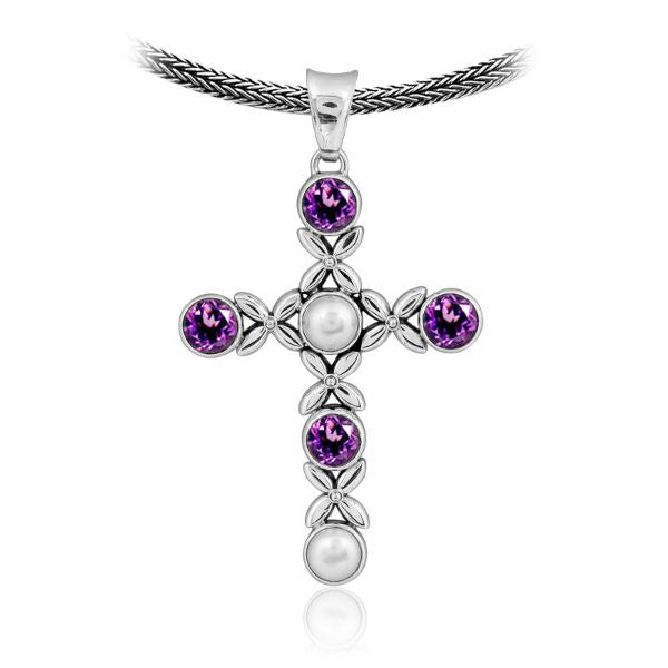 Wholesale sterling silver cross pendant with Amethyst Quartz and Pearl gemstones, handcrafted Bali floral design 925 silver jewelry for bulk orders 