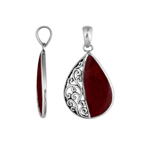 Wholesale sterling silver teardrop pendant with Red Coral, handcrafted Bali filigree 925 silver jewelry for bulk orders