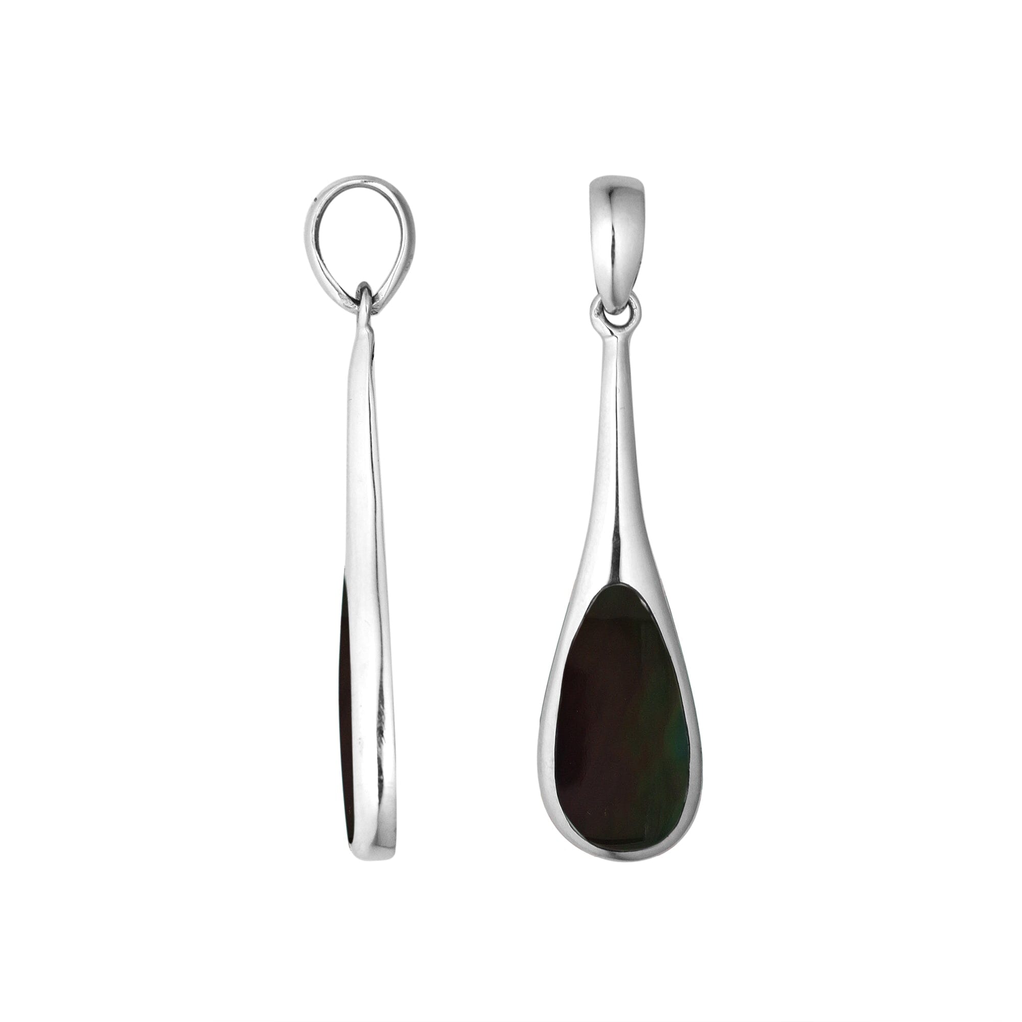 Wholesale sterling silver teardrop pendant with natural Black Shell inlay, handcrafted Bali 925 silver jewelry for bulk orders