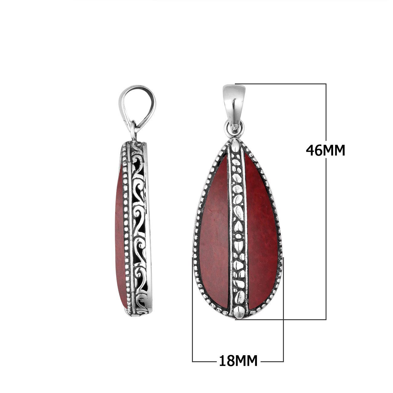 Wholesale sterling silver teardrop pendant with red coral inlay, handcrafted Bali jewelry for bulk orders