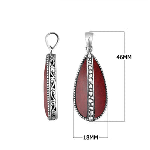 Wholesale sterling silver teardrop pendant with red coral inlay, handcrafted Bali jewelry for bulk orders