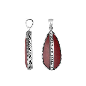 Wholesale sterling silver teardrop pendant with red coral inlay, handcrafted Bali jewelry for bulk orders