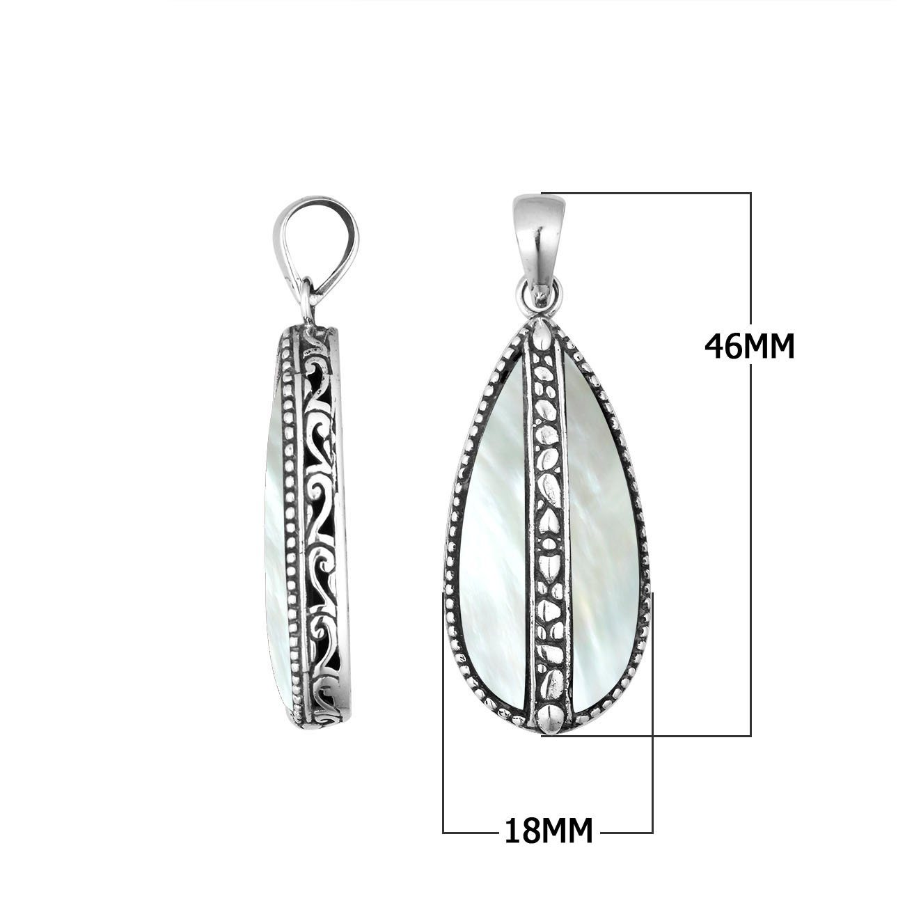 Wholesale sterling silver teardrop pendant with genuine Mother of Pearl inlay, handcrafted Bali jewelry for bulk buyers and boutiques.