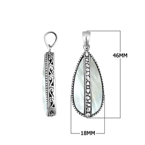 Wholesale sterling silver teardrop pendant with genuine Mother of Pearl inlay, handcrafted Bali jewelry for bulk buyers and boutiques.