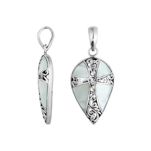 Wholesale sterling silver teardrop cross pendant with Mother of Pearl inlay, handcrafted Bali 925 silver jewelry for bulk buyers