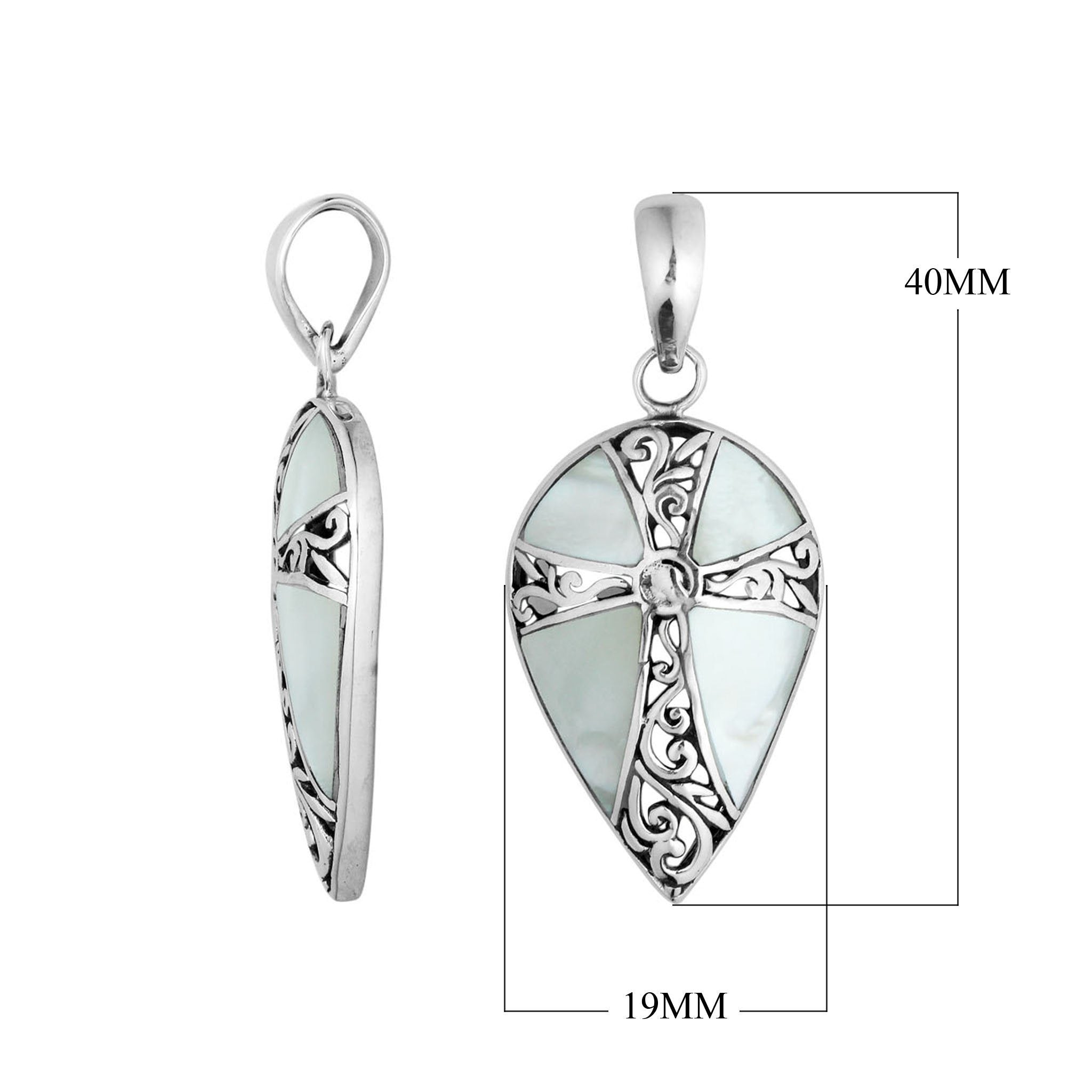 Wholesale sterling silver teardrop cross pendant with Mother of Pearl inlay, handcrafted Bali 925 silver jewelry for bulk buyers