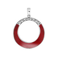 Wholesale sterling silver round pendant with red coral inlay, open circle design, and ornate silver detailing – handcrafted Bali jewelry