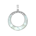 Wholesale sterling silver round pendant with mother of pearl inlay, open circle design, and ornate silver detailing – handcrafted Bali jewelry