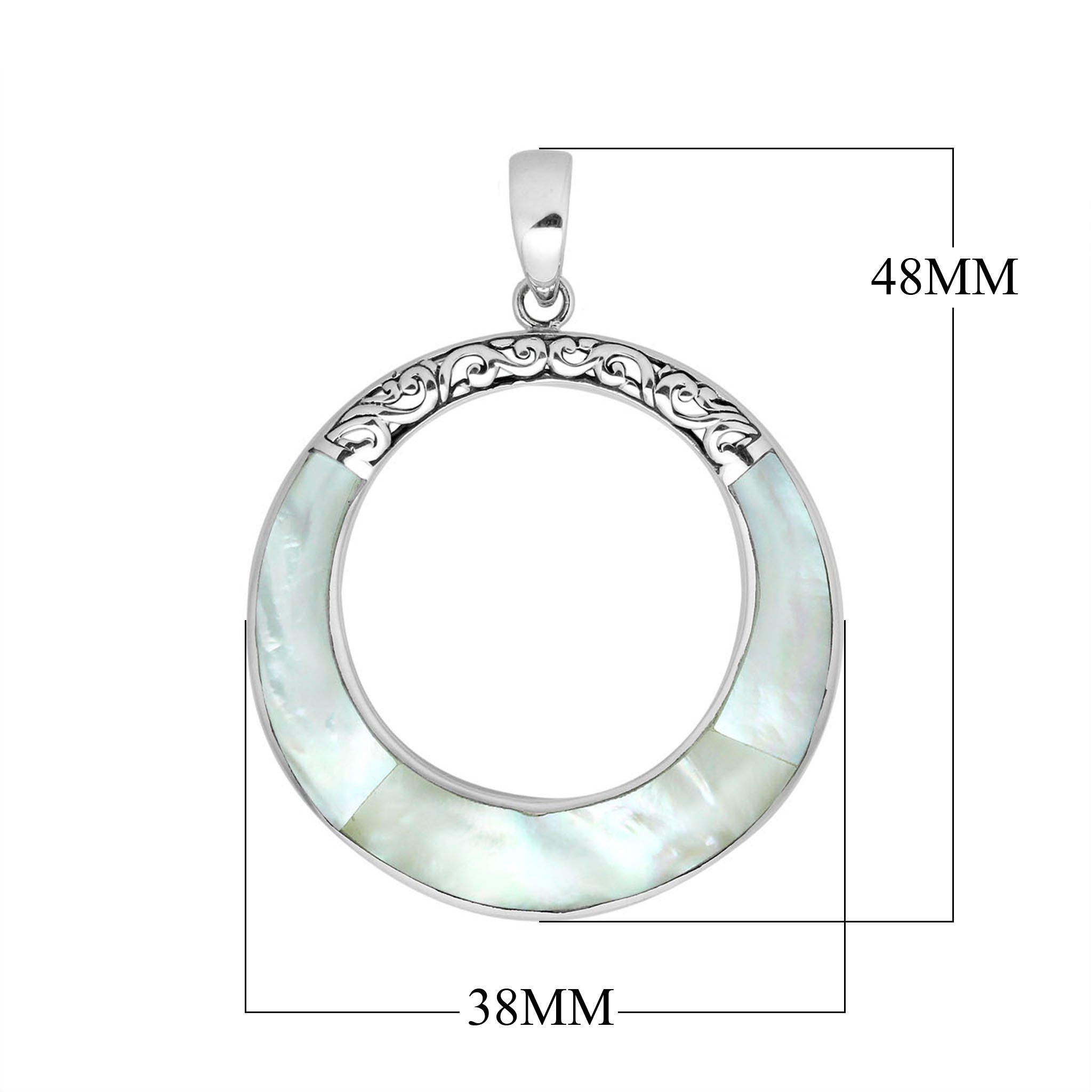 Wholesale sterling silver round pendant with mother of pearl inlay, open circle design, and ornate silver detailing – handcrafted Bali jewelry