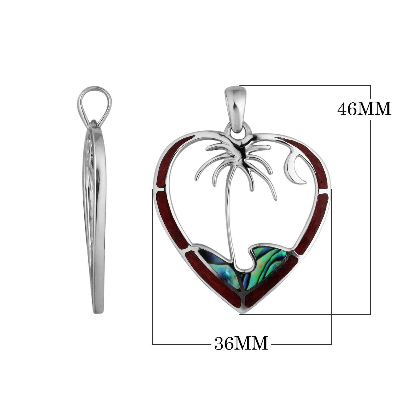 Wholesale sterling silver heart pendant with palm tree and crescent moon design, inlaid with abalone and red shell, handcrafted in Bali.