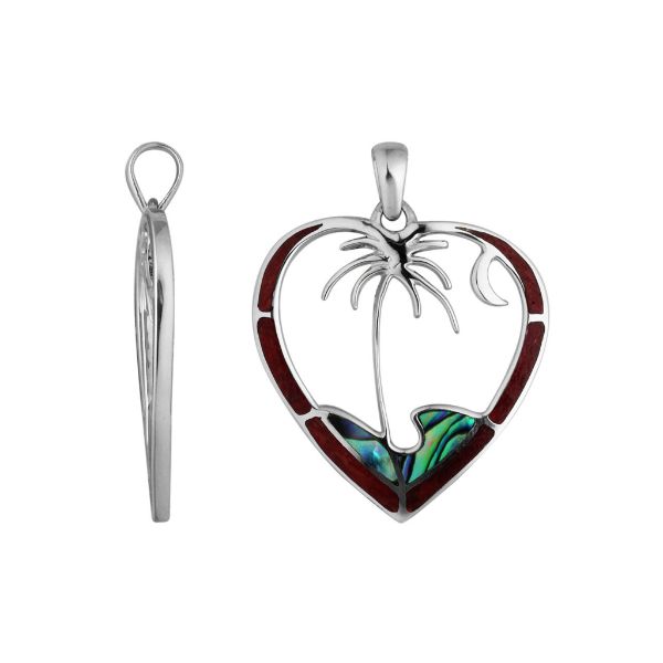 Wholesale sterling silver heart pendant with palm tree and crescent moon design, inlaid with abalone and red shell, handcrafted in Bali.