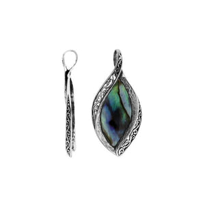 Wholesale sterling silver marquise pendant with genuine abalone shell inlay and intricate Balinese carving, handcrafted in Bali.