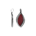 Wholesale sterling silver marquise pendant with genuine red coral inlay and intricate Balinese carving, handcrafted in Bali.
