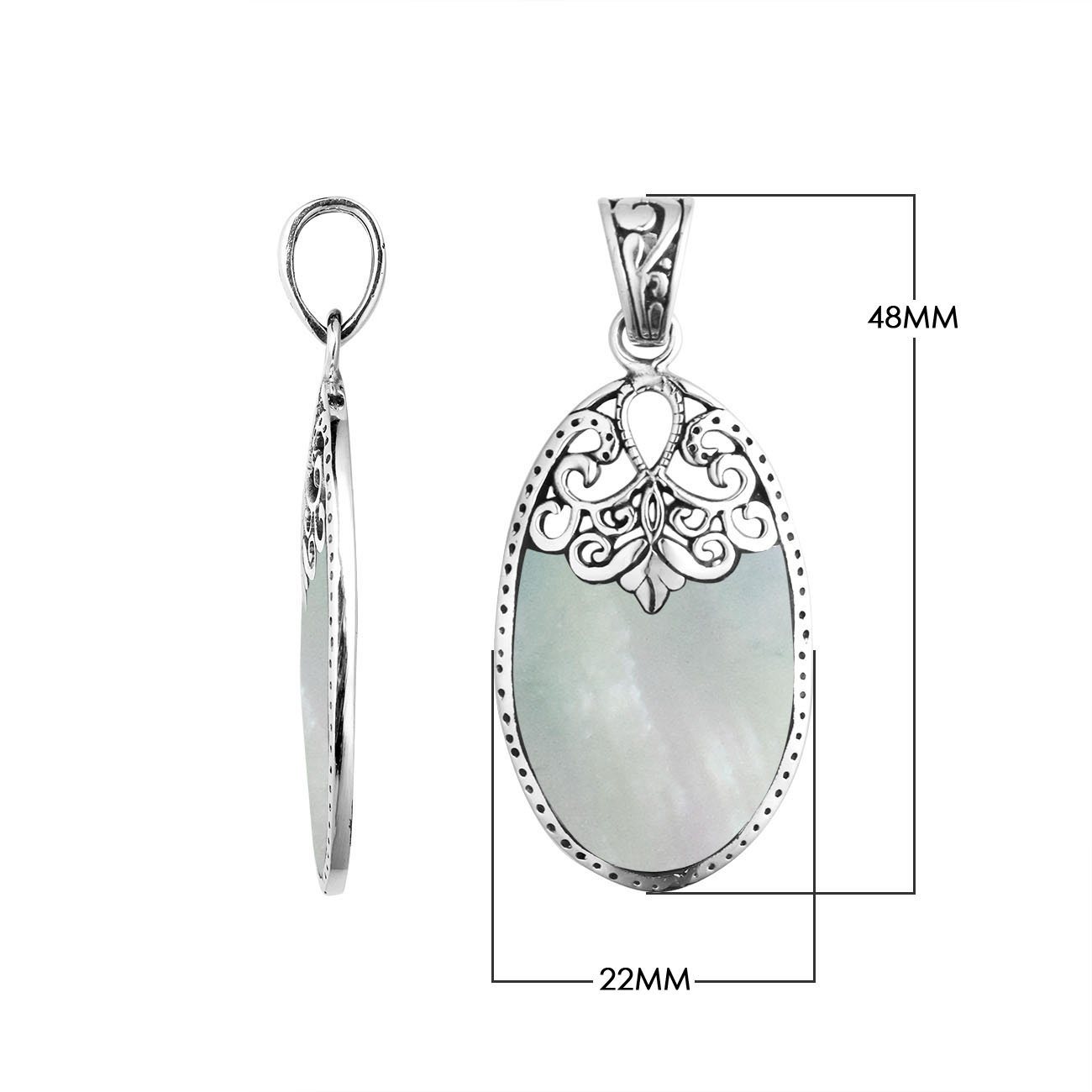 Wholesale sterling silver oval pendant with luminous Mother of Pearl inlay and ornate Balinese filigree detailing, handcrafted in Bali.
