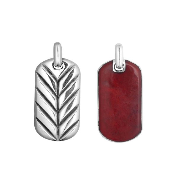 Wholesale sterling silver dog tag pendant with genuine red coral inlay on one side and chevron silver design on the reverse, handcrafted in Bali.