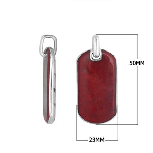 Wholesale sterling silver dog tag pendant with genuine red coral inlay on one side and chevron silver design on the reverse, handcrafted in Bali.