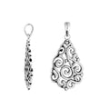Wholesale sterling silver teardrop pendant with ornate swirl filigree design, handcrafted Bali artisan plain silver jewelry for bulk buyers.