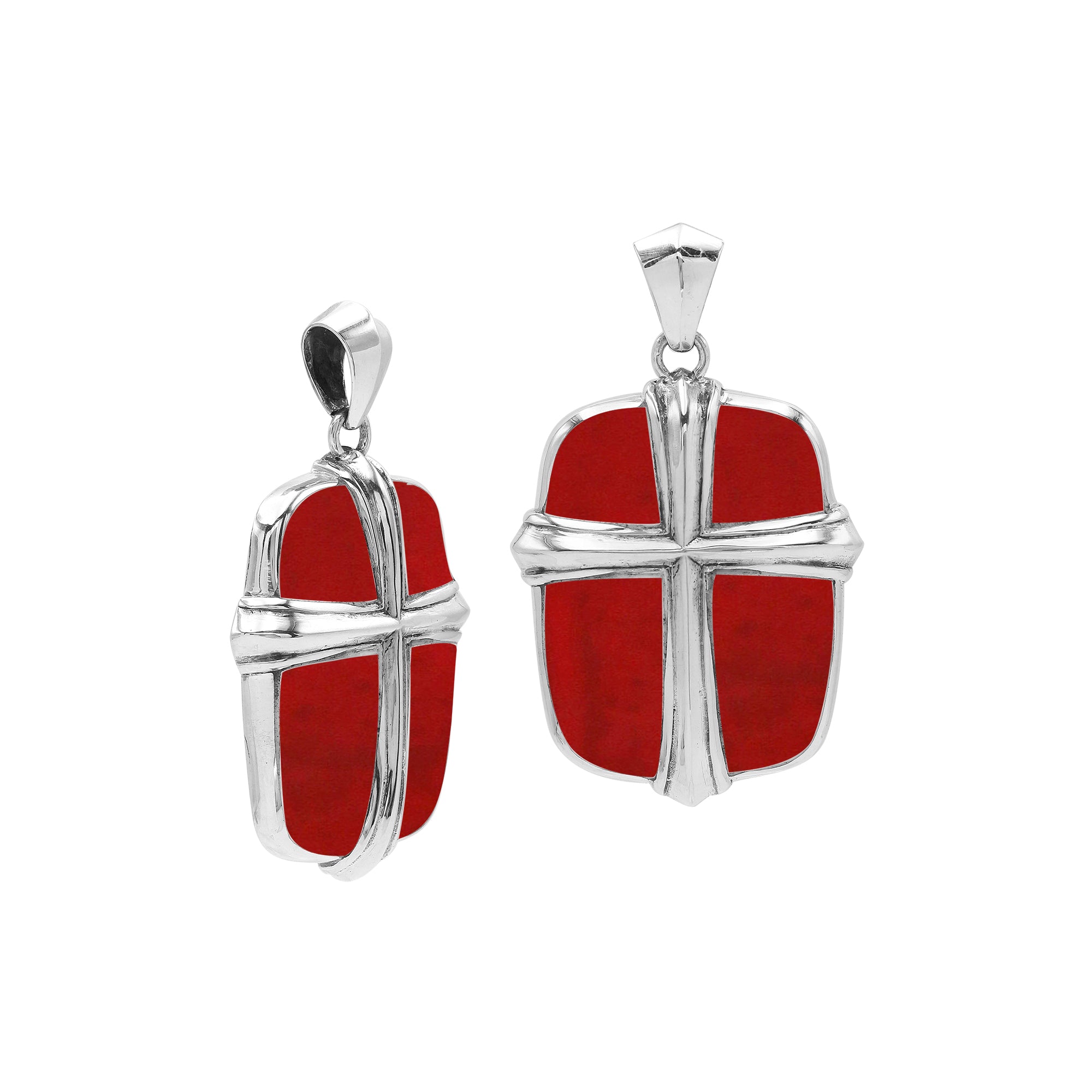 Wholesale sterling silver cross pendant with vibrant red coral inlay, handcrafted Bali artisan jewelry for bulk buyers.