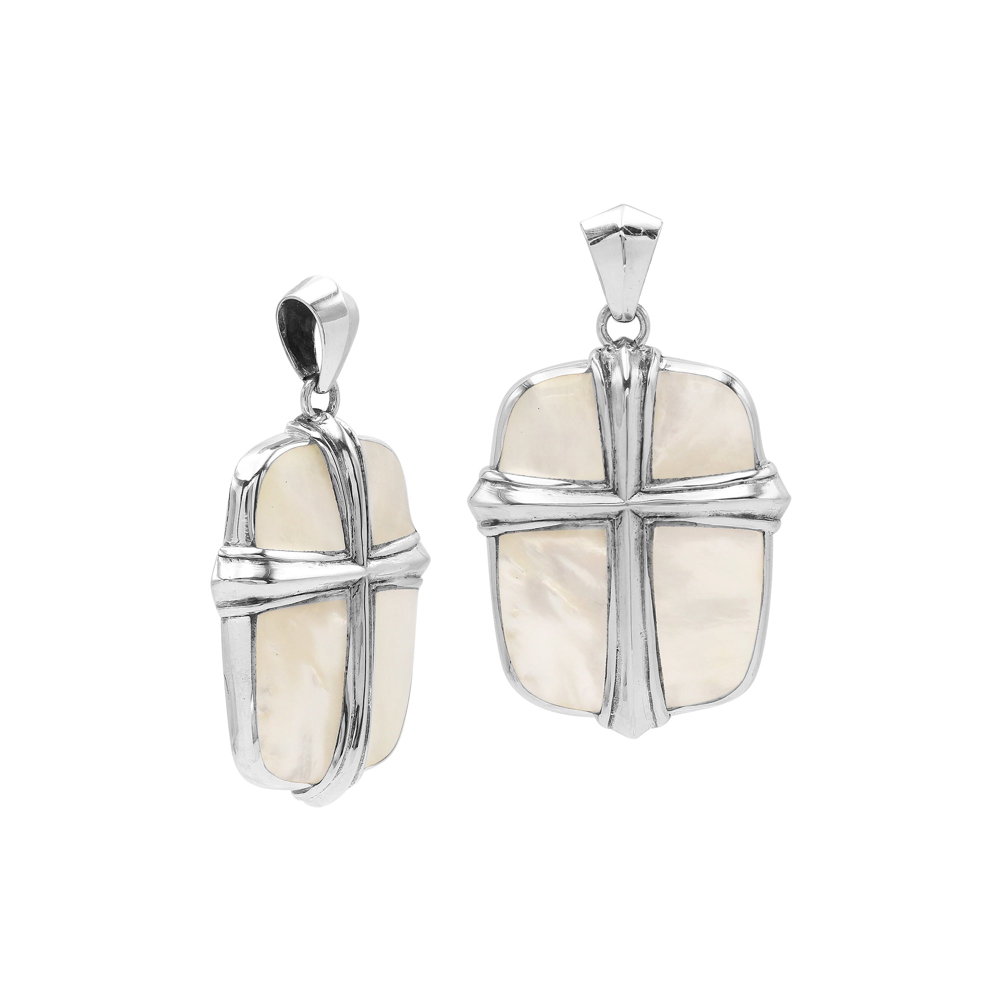 Wholesale sterling silver cross pendant with luminous mother of pearl inlay, handcrafted Bali artisan jewelry for bulk buyers.