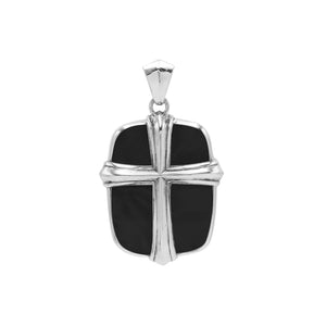 Wholesale sterling silver cross pendant with glossy black shell inlay, handcrafted Bali artisan jewelry for bulk buyers.