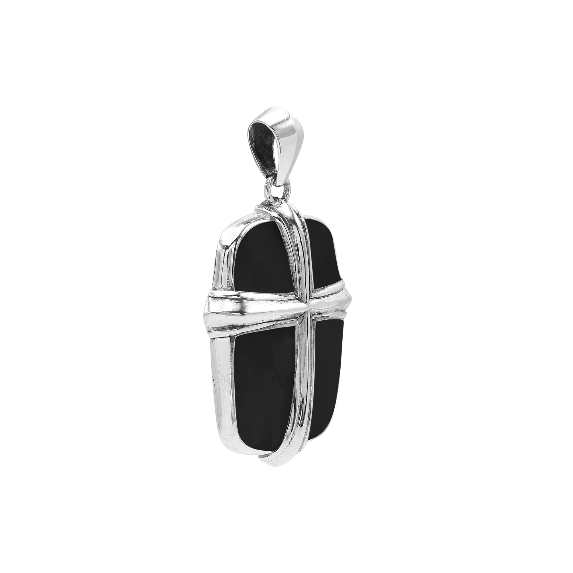 Wholesale sterling silver cross pendant with glossy black shell inlay, handcrafted Bali artisan jewelry for bulk buyers.