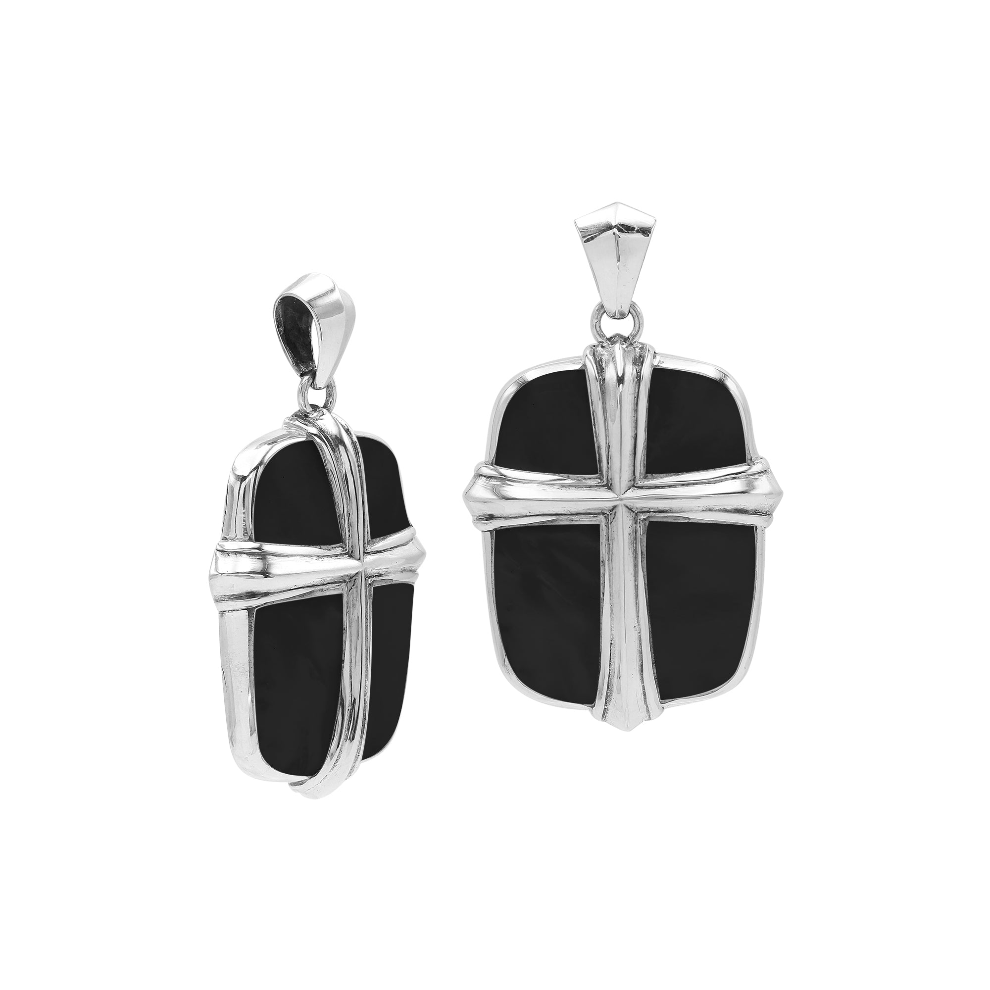 Wholesale sterling silver cross pendant with glossy black shell inlay, handcrafted Bali artisan jewelry for bulk buyers.