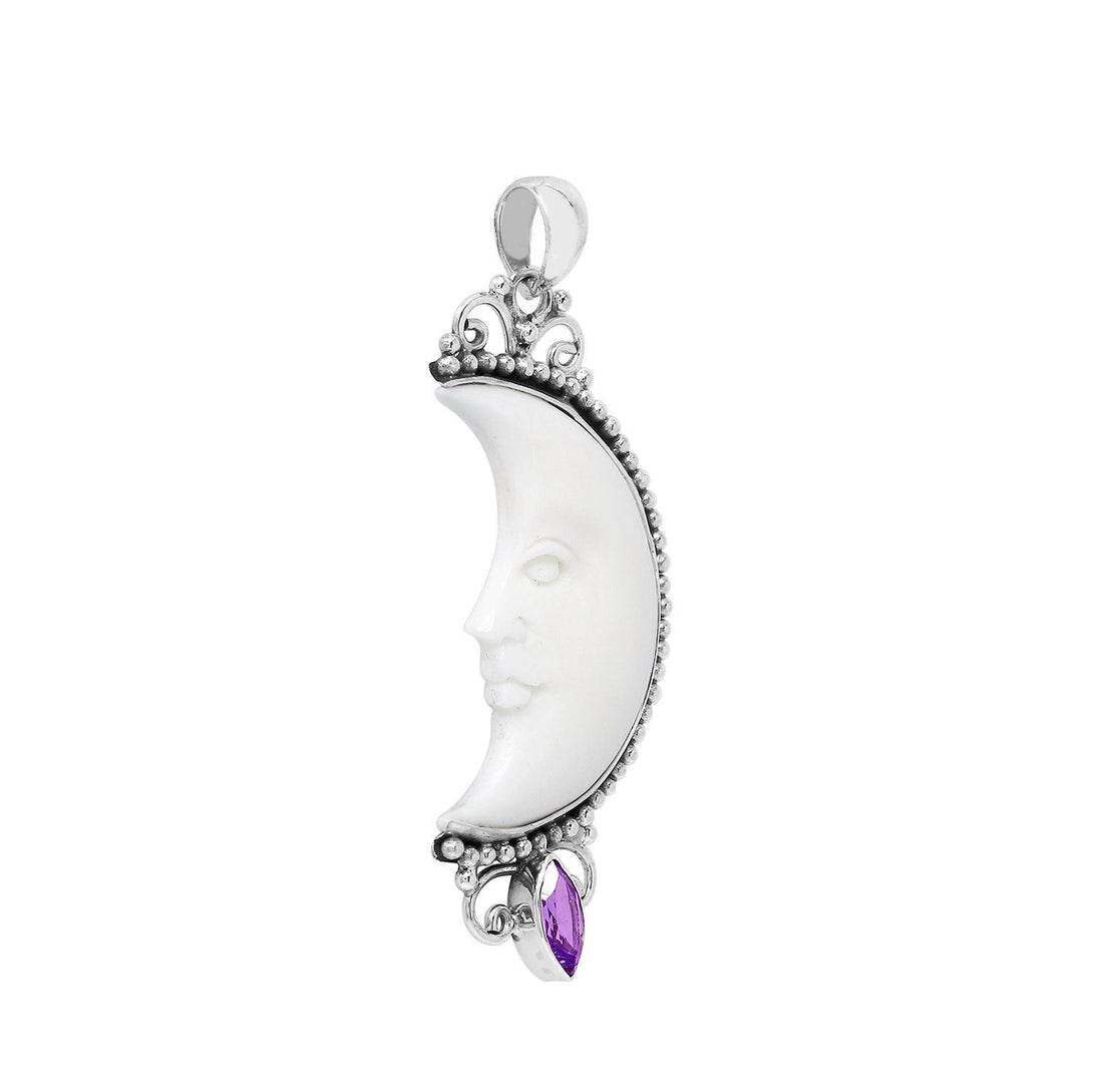 AP-1185-AM Sterling Silver Half Moon Shape Pendant With Bone Face and Amethyst Jewelry Bali Designs Inc 