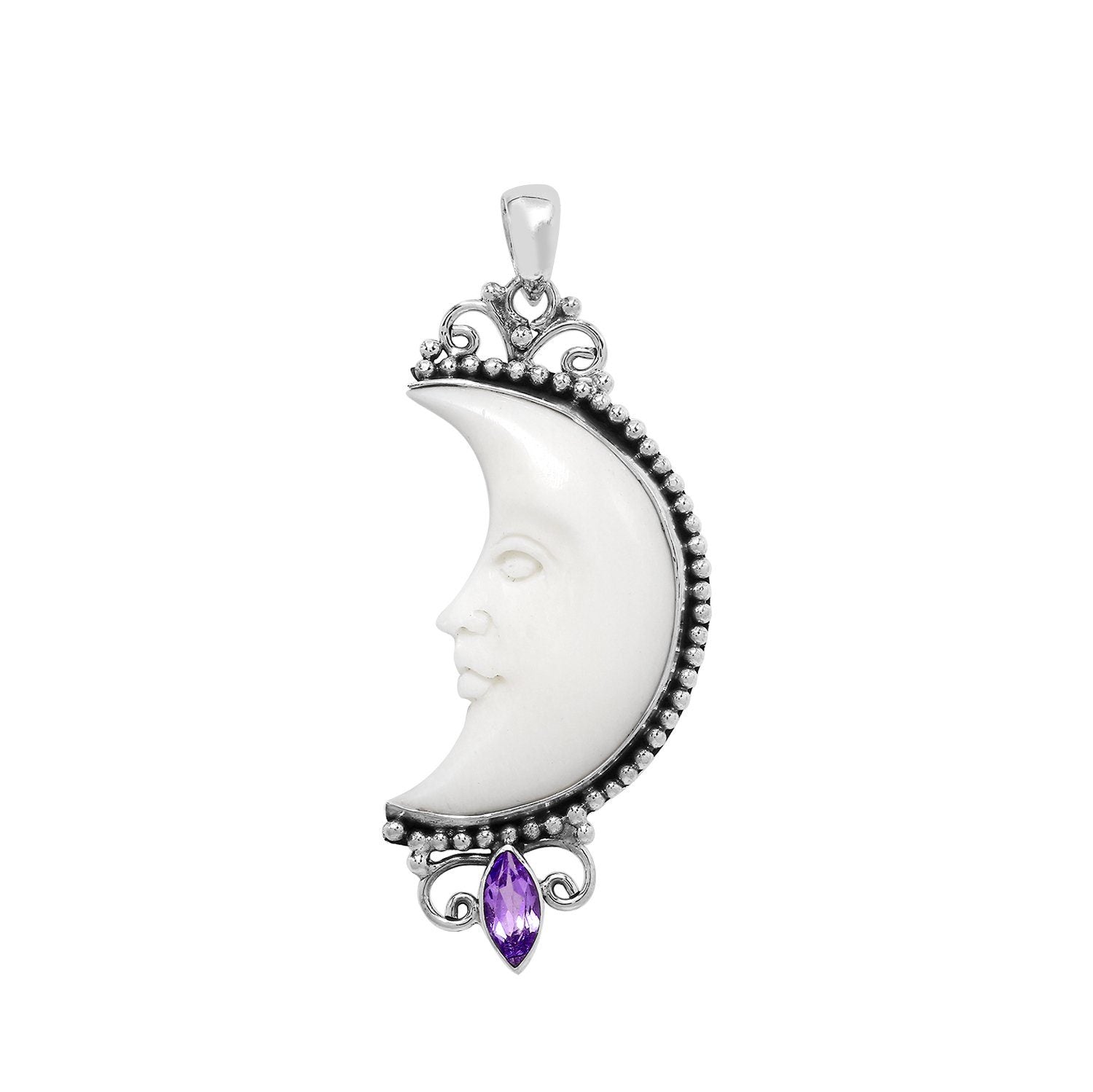 Sterling silver half-moon pendant with carved bone face and amethyst gemstone, Balinese design.