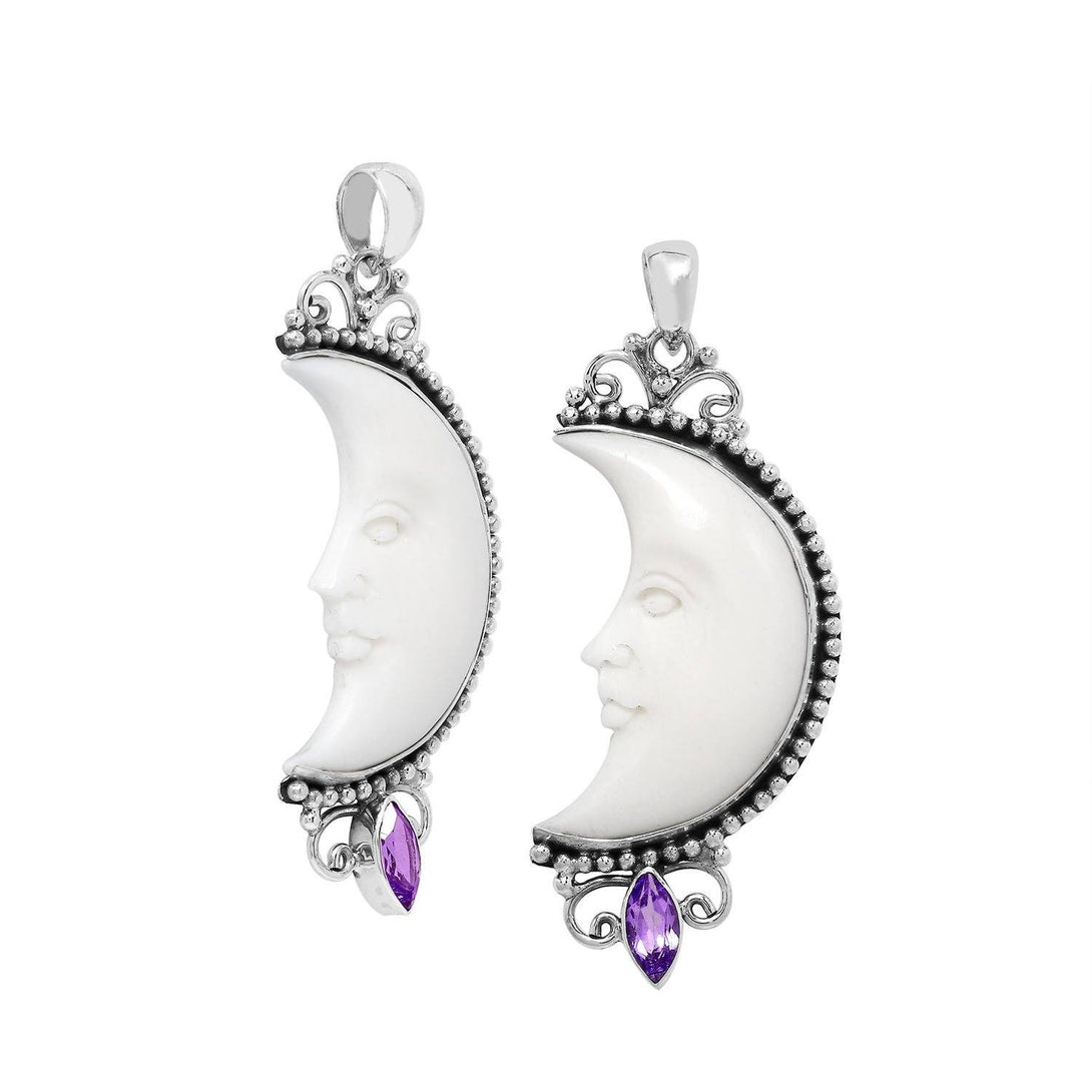 AP-1185-AM Sterling Silver Half Moon Shape Pendant With Bone Face and Amethyst Jewelry Bali Designs Inc 