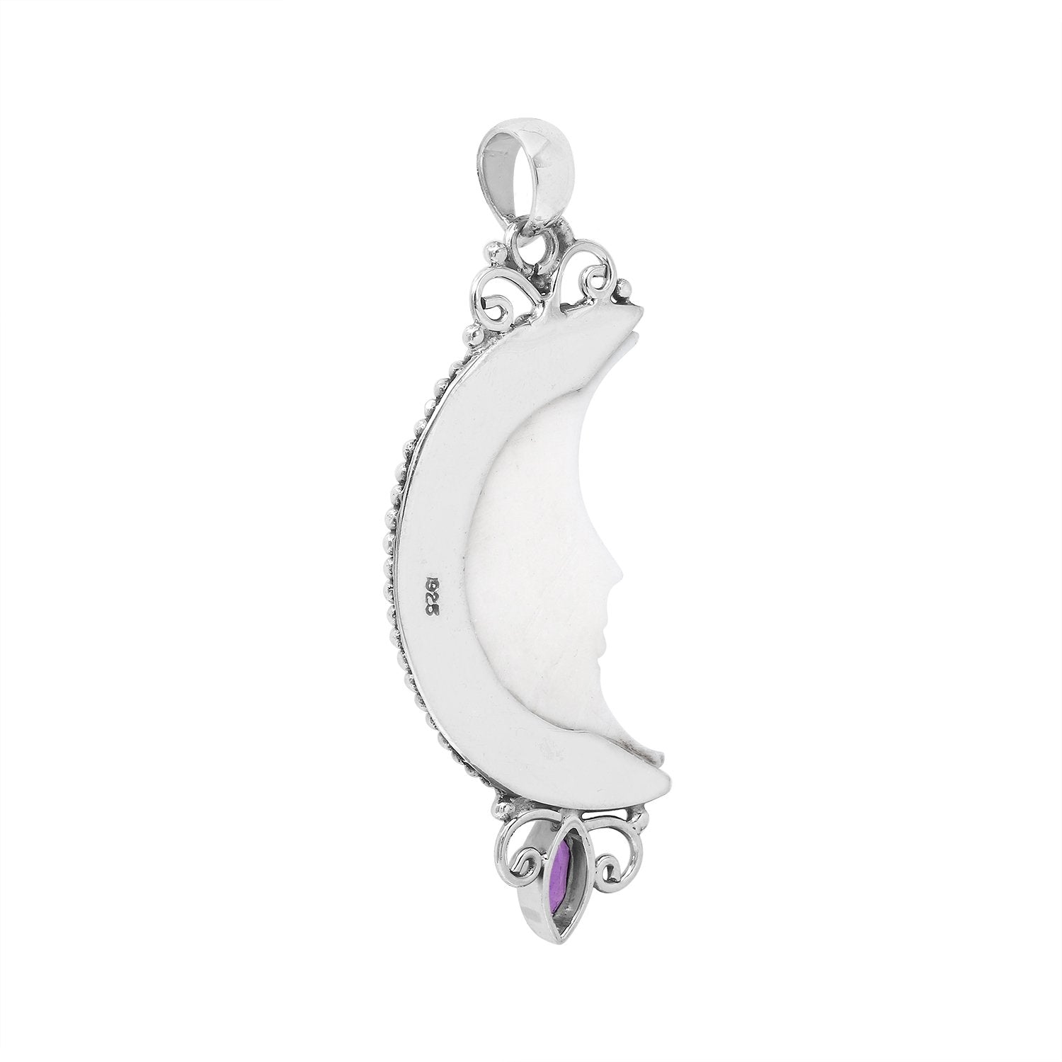 Sterling silver half-moon pendant with carved bone face and amethyst gemstone, Balinese design.
