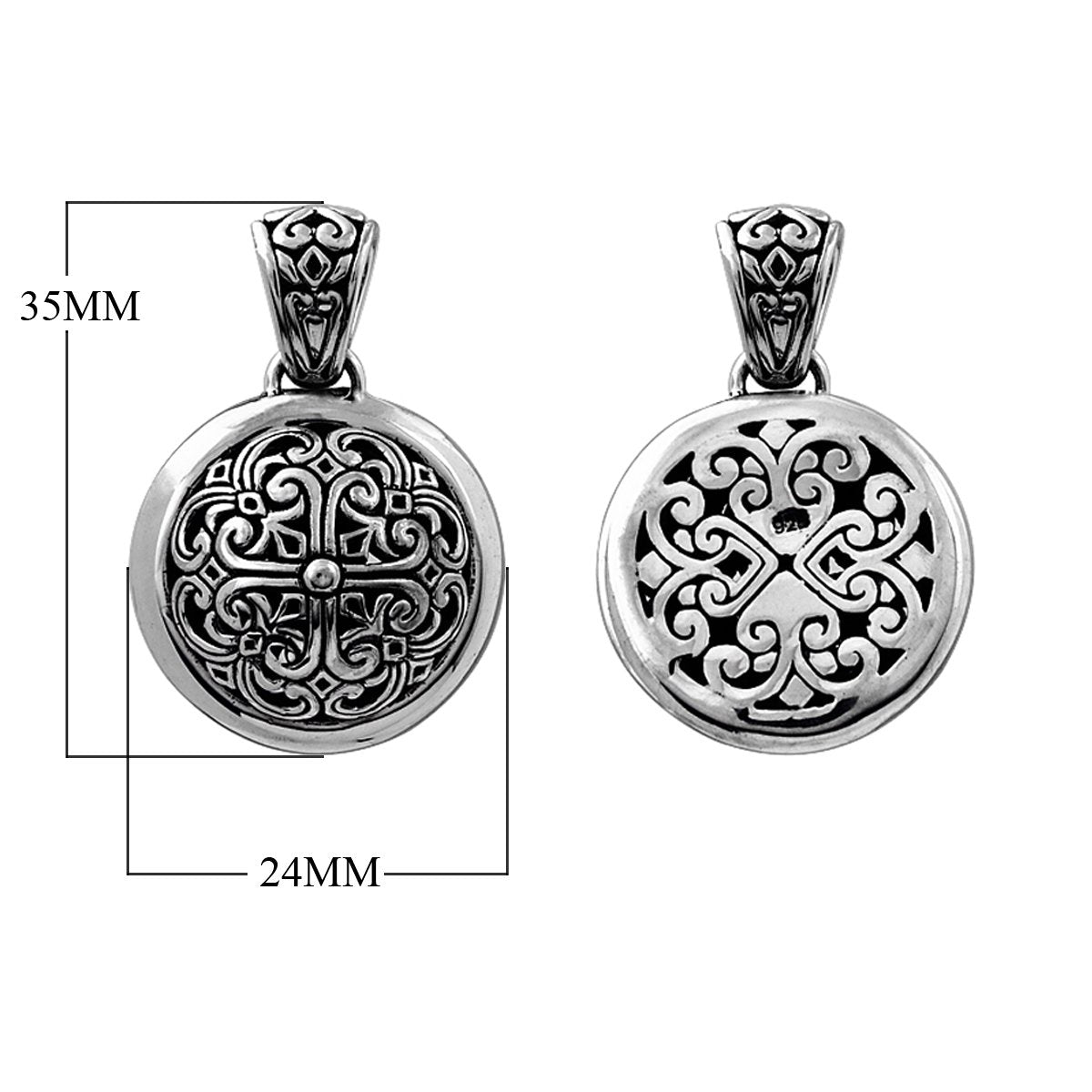 Sterling silver round pendant with Balinese scrollwork design, wholesale artisan jewelry.