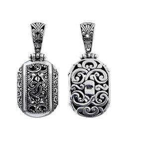 Sterling silver fancy oval pendant with Bali scrollwork design, wholesale artisan jewelry.