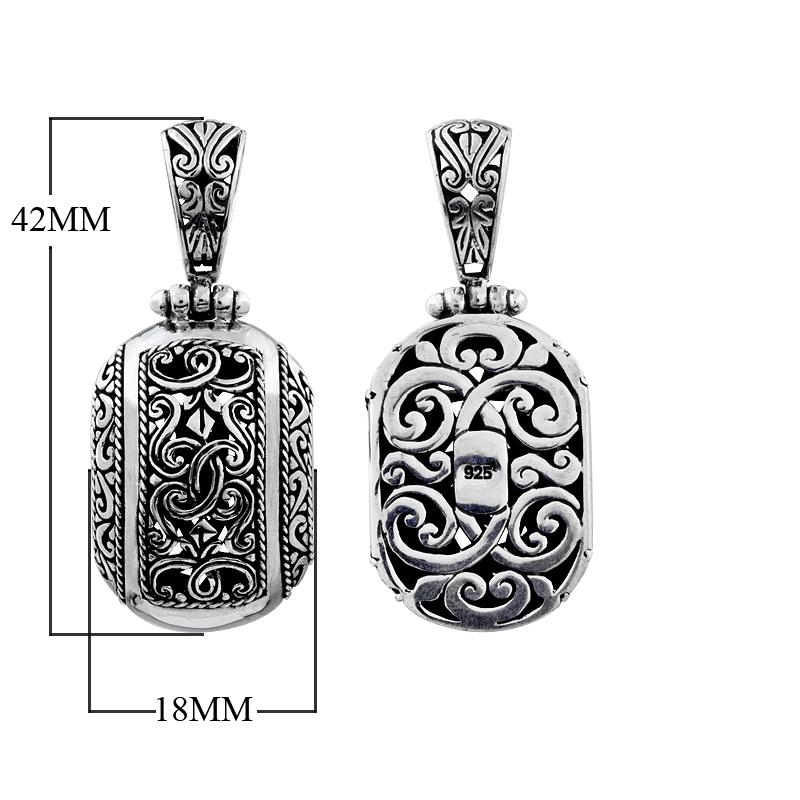 Sterling silver fancy oval pendant with Bali scrollwork design, wholesale artisan jewelry.