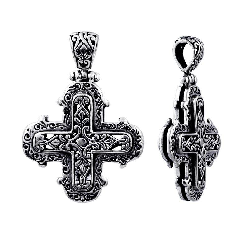 Sterling silver small cross pendant with intricate Bali scrollwork, wholesale artisan jewelry.
