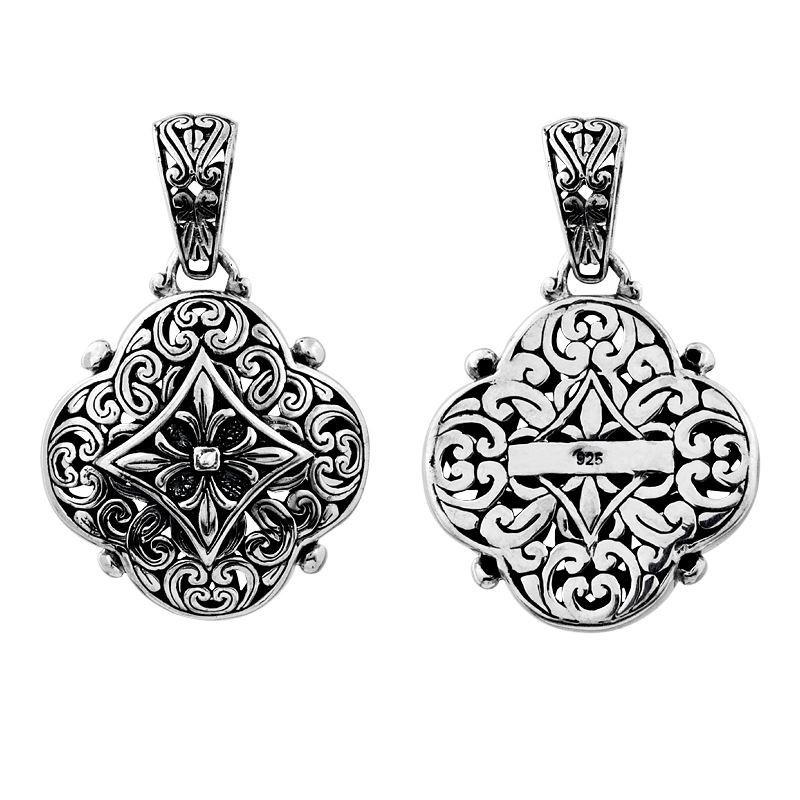 Sterling silver floral pendant with Balinese scrollwork, wholesale artisan jewelry.