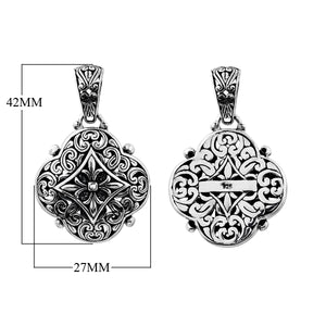Sterling silver floral pendant with Balinese scrollwork, wholesale artisan jewelry.