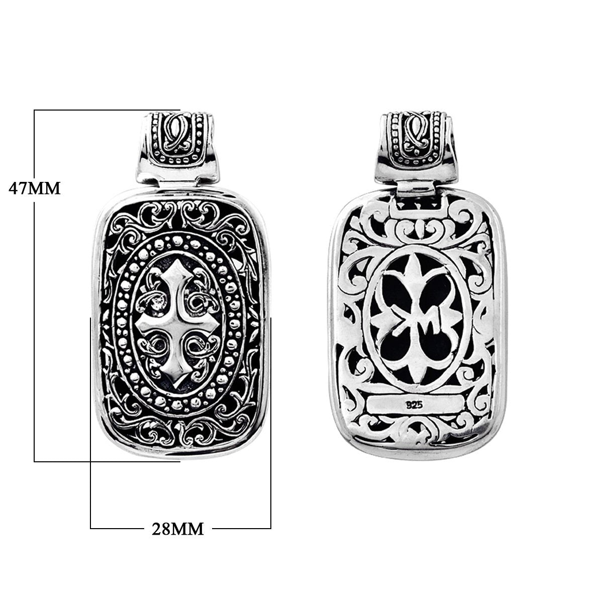 Sterling silver rectangular pendant with Bali carvings, wholesale handcrafted jewelry