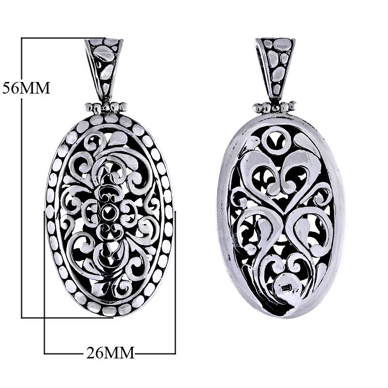 Sterling silver oval pendant with openwork Balinese swirl filigree and dotted edge, wholesale Bali jewelry.