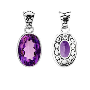 Sterling silver oval pendant with faceted amethyst quartz and Balinese filigree scroll back, wholesale jewelry.