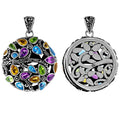 Wholesale sterling silver floral pendant with peridot, citrine, blue topaz, and amethyst quartz in round design.