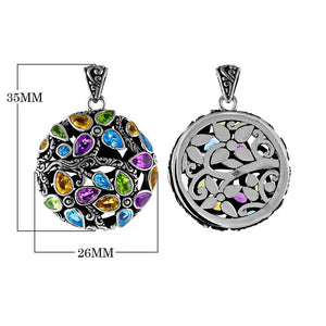 Wholesale sterling silver floral pendant with peridot, citrine, blue topaz, and amethyst quartz in round design.