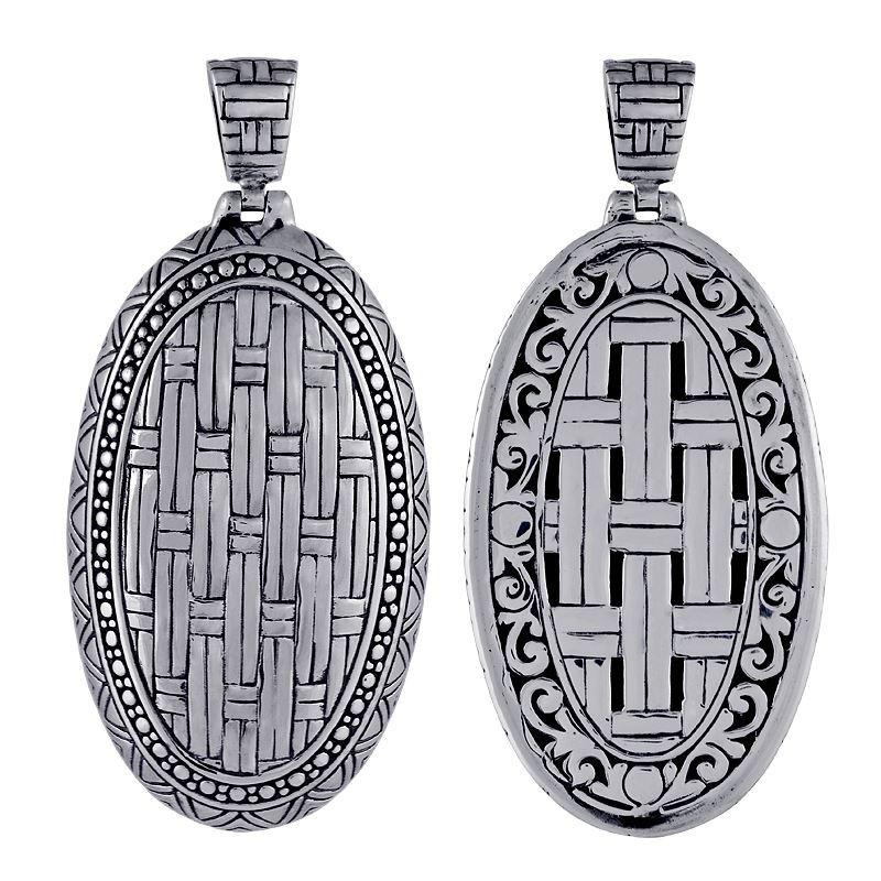 Wholesale sterling silver oval pendant with woven texture and ornate border design.