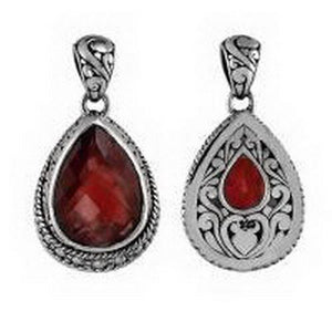 Sterling silver teardrop pendant with faceted garnet quartz, wholesale jewelry from Indonesia