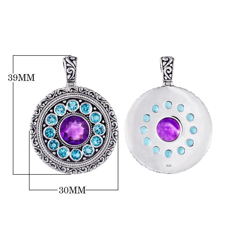 Sterling silver round pendant with amethyst quartz center and blue topaz quartz halo, wholesale jewelry from Indonesia